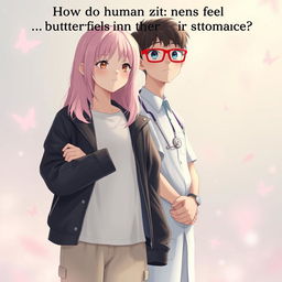 A light pink-haired girl wearing a white t-shirt, a black leather jacket, and brown boots, standing with her arms crossed, deep in thought
