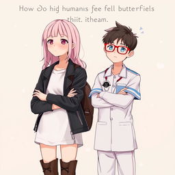 A light pink-haired girl wearing a white t-shirt, a black leather jacket, and brown boots, standing with her arms crossed, deep in thought