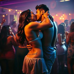 A sensual scene featuring Nushrat Bharucha at a lively bachata house party, wearing a low waist chiffon short skirt