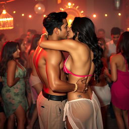 A sensual scene featuring Nushrat Bharucha at a lively bachata house party, wearing a low waist chiffon short skirt