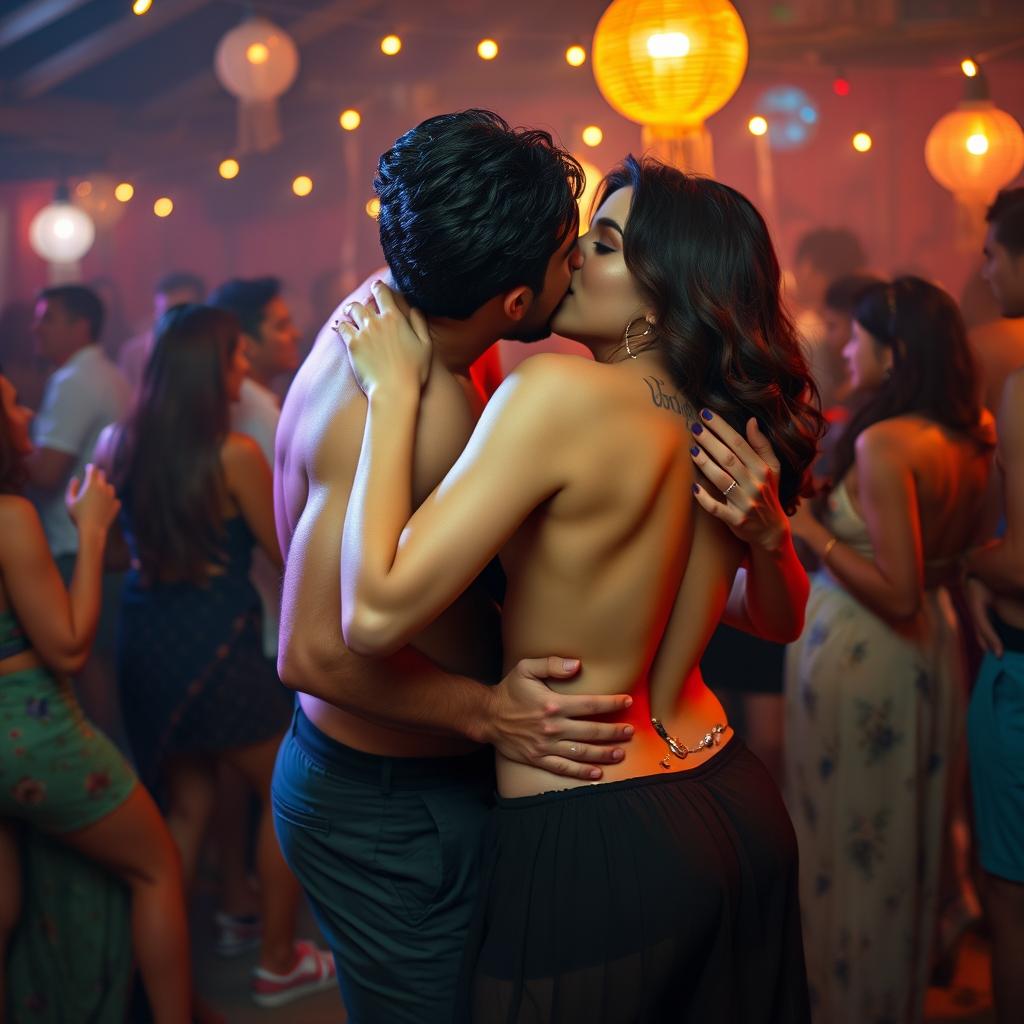 A sensual scene featuring Nushrat Bharucha at a lively bachata house party, wearing a low waist chiffon short skirt