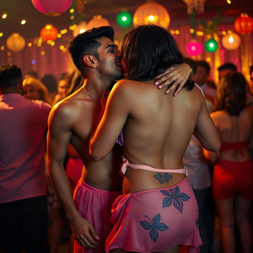 A sensual scene featuring Nushrat Bharucha at a lively bachata house party, wearing a low waist chiffon short skirt