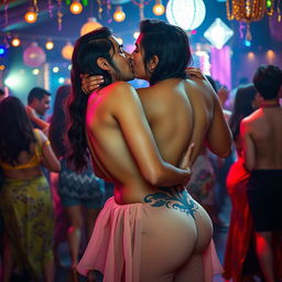 A sensual scene featuring Nushrat Bharucha at a lively bachata house party, wearing a low waist chiffon short skirt
