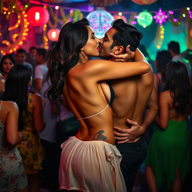 A sensual scene featuring Nushrat Bharucha at a lively bachata house party, wearing a low waist chiffon short skirt