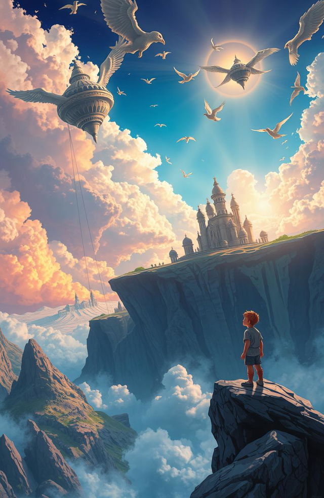 An imaginative and vibrant scene depicting the story of a boy named Meteor who is born with only one eye, standing at the edge of a fantastical landscape that symbolizes the two contrasting worlds