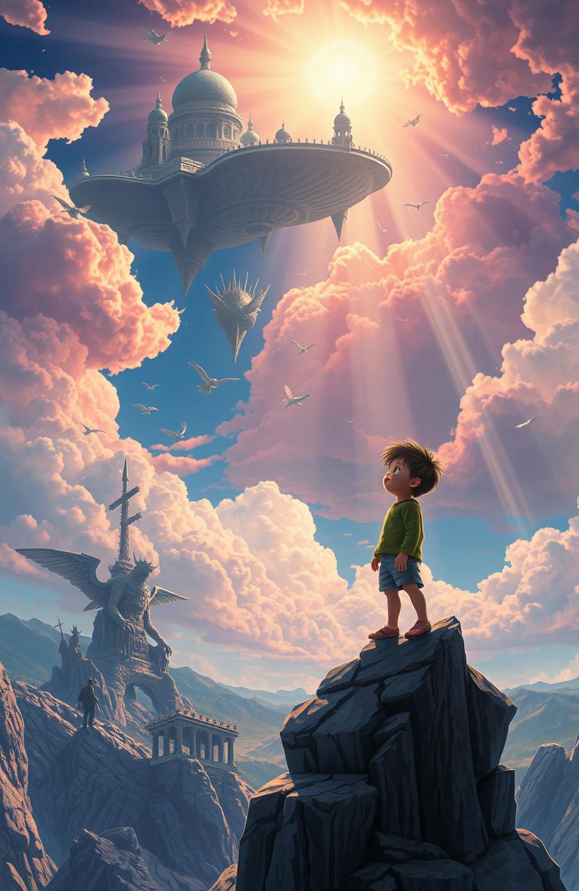 An imaginative and vibrant scene depicting the story of a boy named Meteor who is born with only one eye, standing at the edge of a fantastical landscape that symbolizes the two contrasting worlds