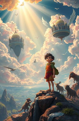 An imaginative and vibrant scene depicting the story of a boy named Meteor who is born with only one eye, standing at the edge of a fantastical landscape that symbolizes the two contrasting worlds