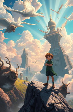 An imaginative and vibrant scene depicting the story of a boy named Meteor who is born with only one eye, standing at the edge of a fantastical landscape that symbolizes the two contrasting worlds