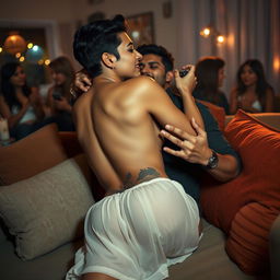 A sensual scene featuring Nushrat Bharucha at a lively house party, lying on a comfortable couch adorned with cozy cushions, wearing a low waist chiffon short skirt