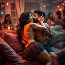 A sensual scene featuring Nushrat Bharucha at a lively house party, lying on a comfortable couch adorned with cozy cushions, wearing a low waist chiffon short skirt
