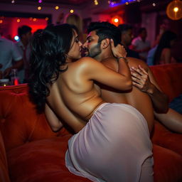 A sensual scene featuring Nushrat Bharucha at a vibrant house party, lying on a plush couch wearing a low waist chiffon short skirt