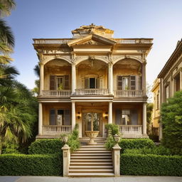 An opulent, old, two-story house exuding richness