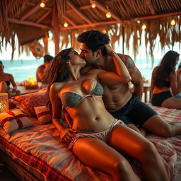 A sensual scene set in a beach shack during a lively house party, featuring Nushrat Bharucha lying on a cozy bed adorned with beach-themed decor