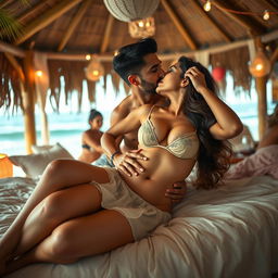 A sensual scene set in a beach shack during a lively house party, featuring Nushrat Bharucha lying on a cozy bed adorned with beach-themed decor