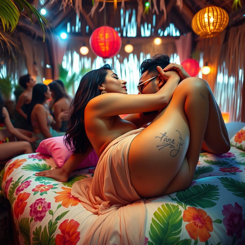 A sensual scene depicting Nushrat Bharucha in a vibrant beach shack during a lively house party, lying on a beautifully decorated bed surrounded by tropical decor