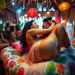 A sensual scene depicting Nushrat Bharucha in a vibrant beach shack during a lively house party, lying on a beautifully decorated bed surrounded by tropical decor