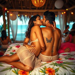 A sensual scene in a lively beach shack during a house party, featuring Nushrat Bharucha lying on a beautifully decorated bed that reflects a tropical theme