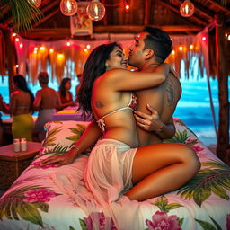 A sensual scene in a lively beach shack during a house party, featuring Nushrat Bharucha lying on a beautifully decorated bed that reflects a tropical theme