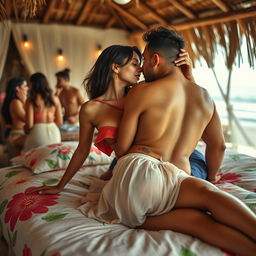 A sensual scene featuring Nushrat Bharucha in a vibrant beach shack during a lively house party, lying on a tastefully decorated bed that reflects the tropical atmosphere