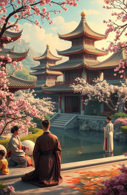 An exquisite depiction of elements of Chinese culture, showcasing a vibrant traditional Chinese garden with ornate pagodas, blooming cherry blossom trees, and a tranquil pond with koi fish