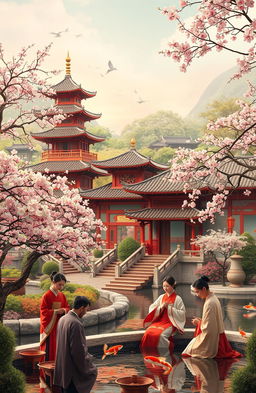 An exquisite depiction of elements of Chinese culture, showcasing a vibrant traditional Chinese garden with ornate pagodas, blooming cherry blossom trees, and a tranquil pond with koi fish