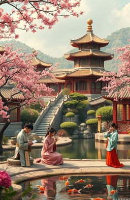 An exquisite depiction of elements of Chinese culture, showcasing a vibrant traditional Chinese garden with ornate pagodas, blooming cherry blossom trees, and a tranquil pond with koi fish