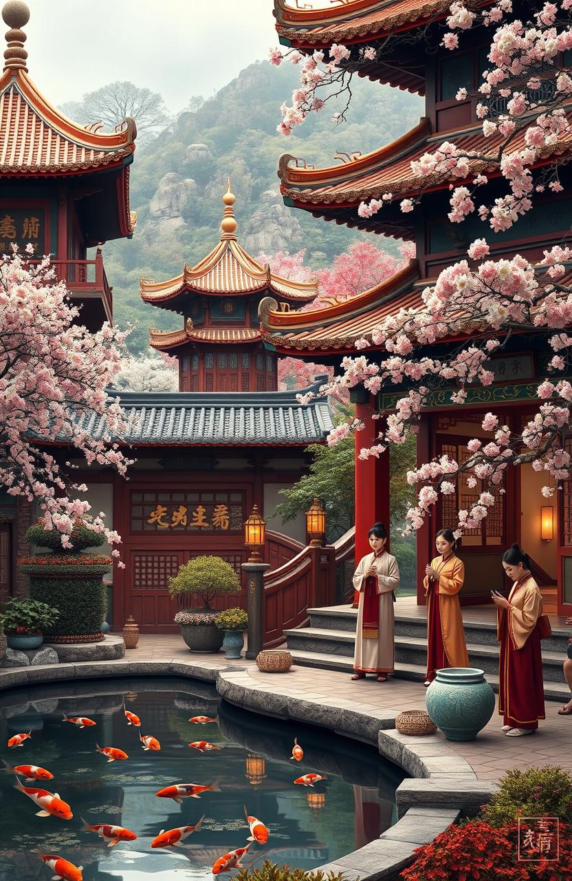 An exquisite depiction of elements of Chinese culture, showcasing a vibrant traditional Chinese garden with ornate pagodas, blooming cherry blossom trees, and a tranquil pond with koi fish