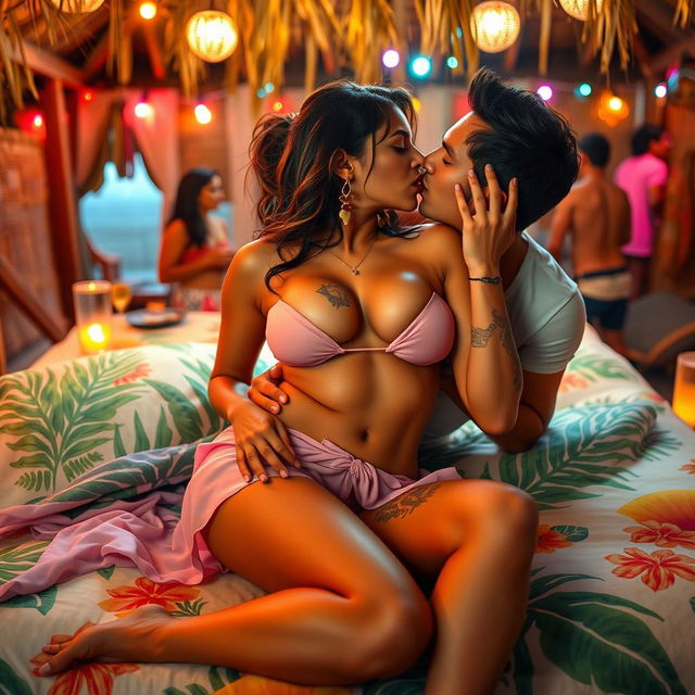 A sensual scene featuring Nushrat Bharucha in a lively beach shack during a festive house party, lying on a beautifully arranged bed adorned with tropical decorations