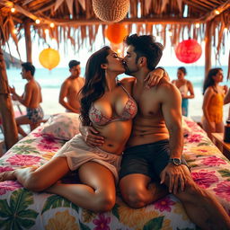A sensual scene featuring Nushrat Bharucha in a lively beach shack during a festive house party, lying on a beautifully arranged bed adorned with tropical decorations