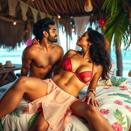 A sensual scene featuring Nushrat Bharucha in a lively beach shack during a festive house party, lying on a beautifully arranged bed adorned with tropical decorations