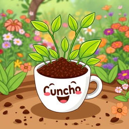 A fun and animated illustration representing a biofertilizer made from coffee grounds, labeled 'Cuncho'