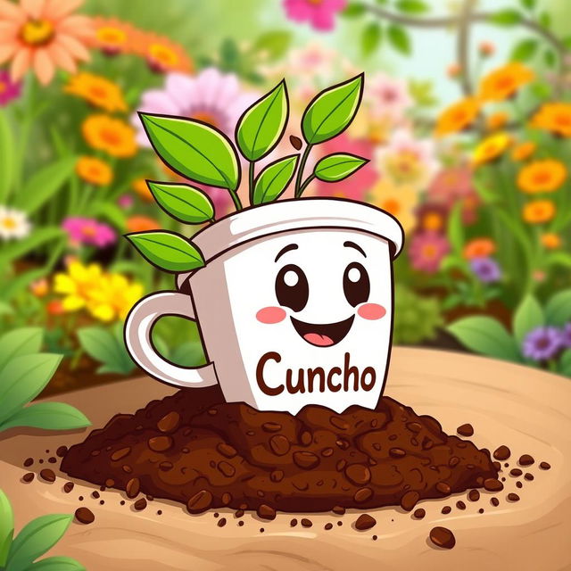 A fun and animated illustration representing a biofertilizer made from coffee grounds, labeled 'Cuncho'