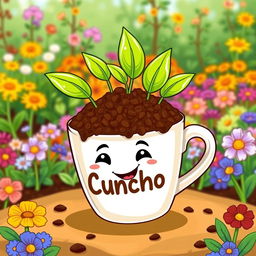 A fun and animated illustration representing a biofertilizer made from coffee grounds, labeled 'Cuncho'