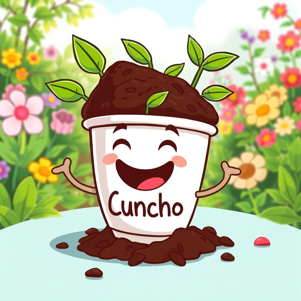 A fun and animated illustration representing a biofertilizer made from coffee grounds, labeled 'Cuncho'