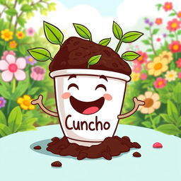 A fun and animated illustration representing a biofertilizer made from coffee grounds, labeled 'Cuncho'