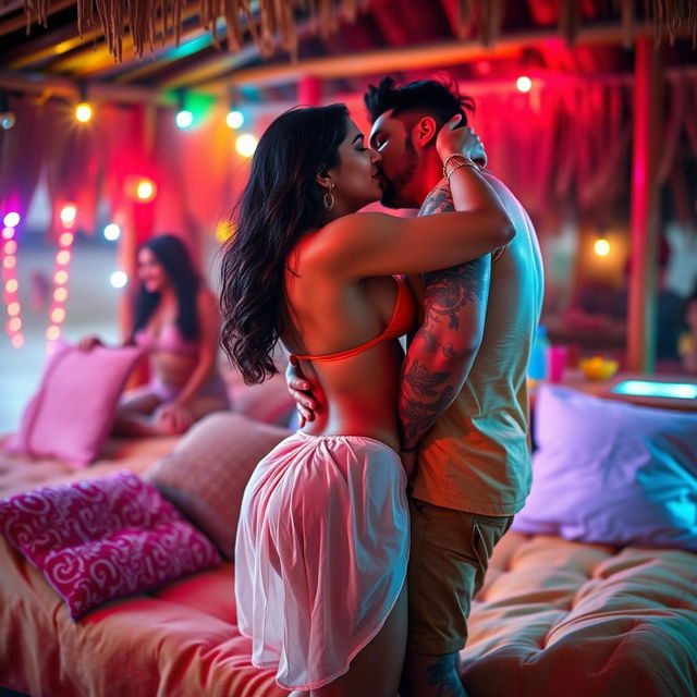 A sensual scene featuring Nushrat Bharucha in a vibrant beach shack, giving a captivating lap dance on a cozy, inviting surface