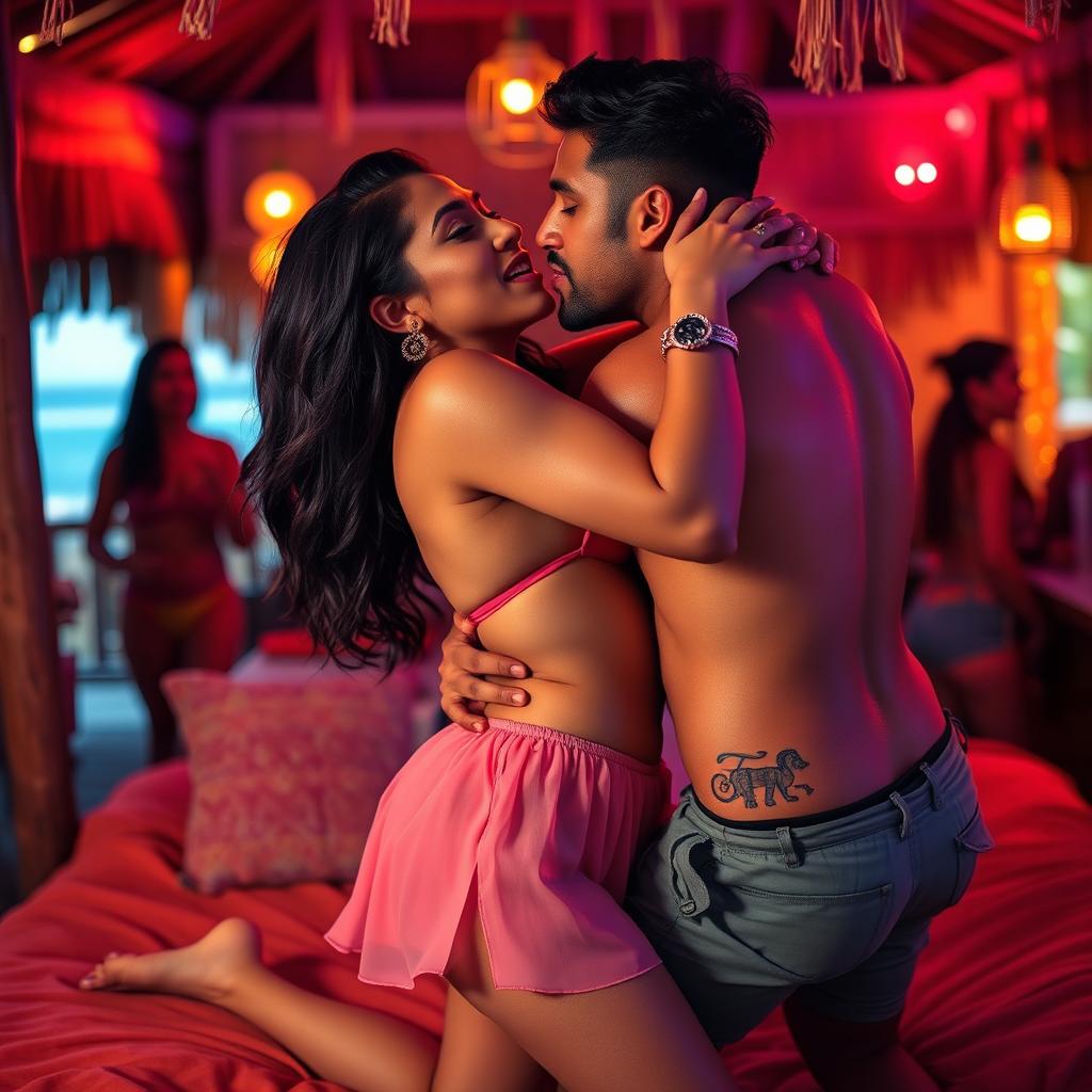 A sensual scene featuring Nushrat Bharucha in a vibrant beach shack, giving a captivating lap dance on a cozy, inviting surface