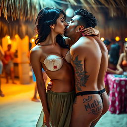 A sensual and energetic scene featuring Nushrat Bharucha in a lively beach shack atmosphere, engaging in a playful lap dance for a man