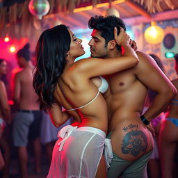 A sensual and energetic scene featuring Nushrat Bharucha in a lively beach shack atmosphere, engaging in a playful lap dance for a man