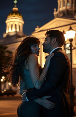 An enticing scene set in Philadelphia, showcasing a tantalizing affair between a young woman with flowing brown hair and stylish bangs, and a charismatic Latino mayor