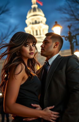An enticing scene set in Philadelphia, showcasing a tantalizing affair between a young woman with flowing brown hair and stylish bangs, and a charismatic Latino mayor