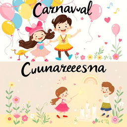 A cheerful and child-friendly illustration depicting Carnaval and Cuaresma