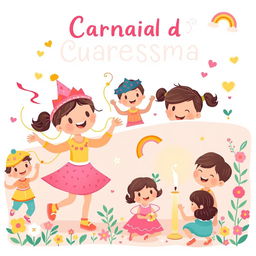 A cheerful and child-friendly illustration depicting Carnaval and Cuaresma