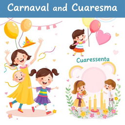 A cheerful and child-friendly illustration depicting Carnaval and Cuaresma