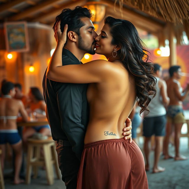 A sensual scene featuring Nushrat Bharucha in a lively beach shack, confidently giving an alluring lap dance to a man