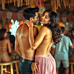 A sensual scene featuring Nushrat Bharucha in a lively beach shack, confidently giving an alluring lap dance to a man
