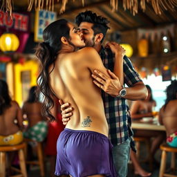 A sensual scene featuring Nushrat Bharucha in a lively beach shack, confidently giving an alluring lap dance to a man