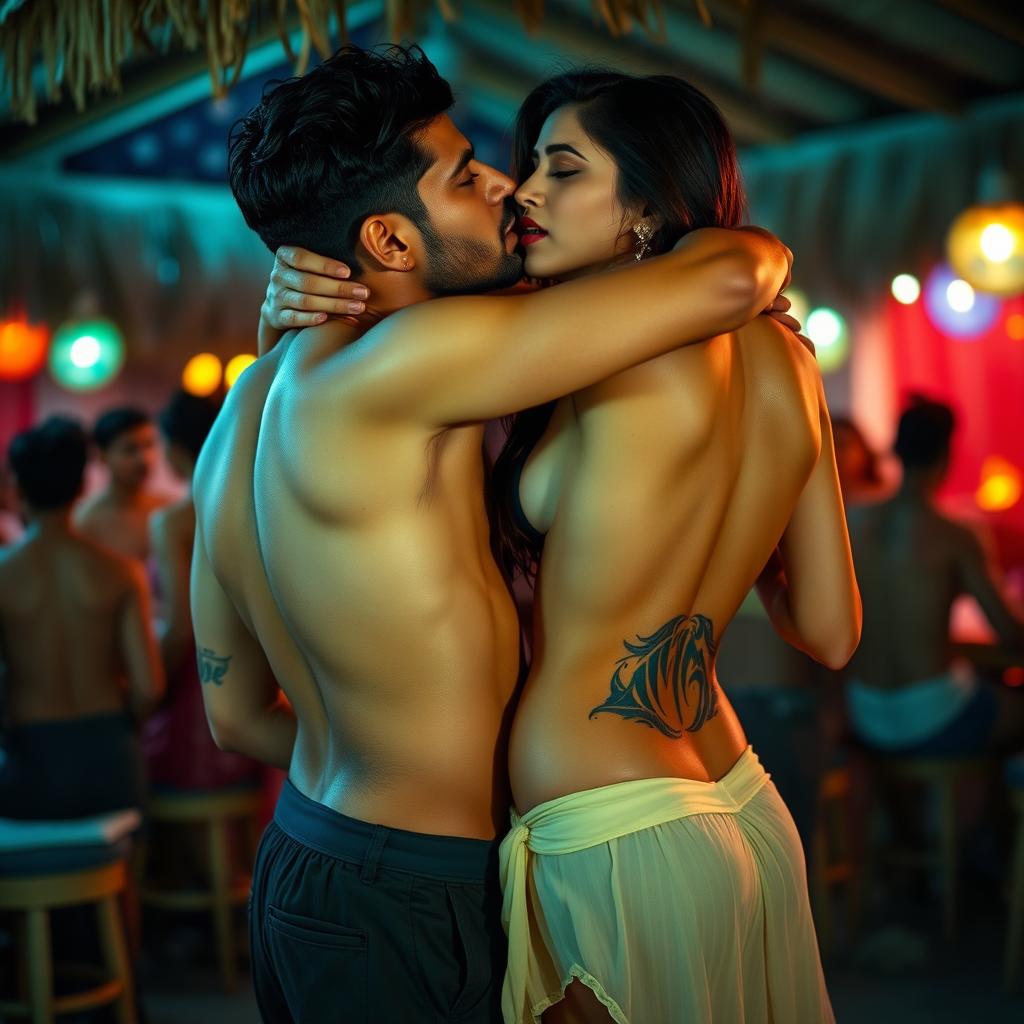 A sensual and captivating scene featuring Nushrat Bharucha in a vibrant beach shack, engaged in a flirtatious lap dance for a man