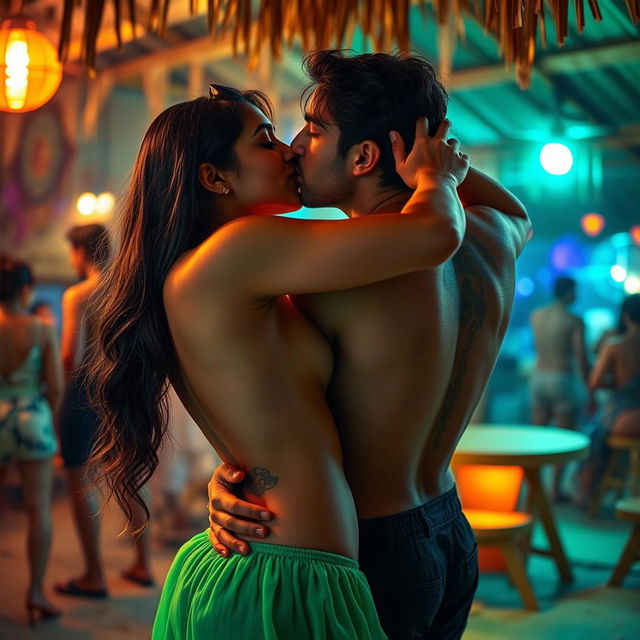 A sensual and captivating scene featuring Nushrat Bharucha in a vibrant beach shack, engaged in a flirtatious lap dance for a man