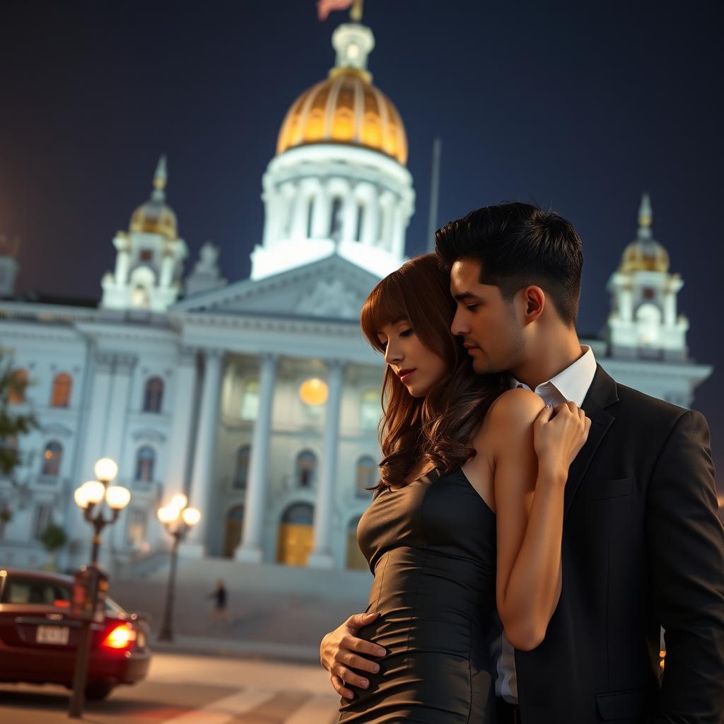 An enticing scene set in Philadelphia, illustrating a thrilling affair between a young woman with long brown hair and stylish bangs, and a handsome Latino mayor